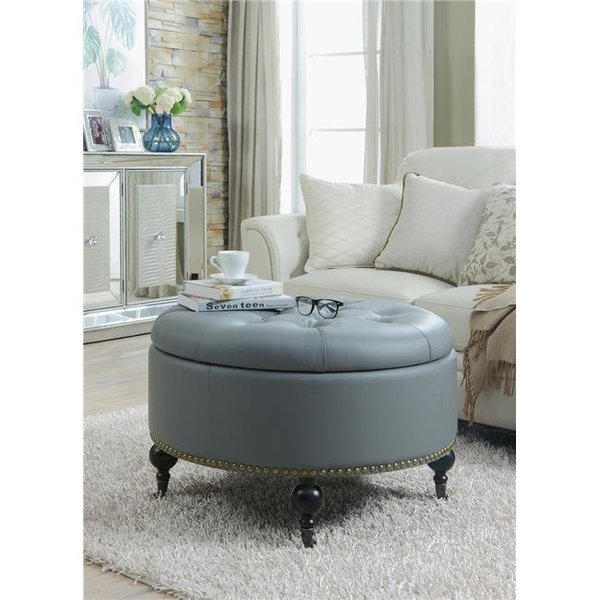 Chic Home Chic Home FON2598 Keller PU Leather Modern Contemporary Hidden Storage Button Tufted with Gold Nailhead Trim Castered Legs Round Ottoman; Grey FON2598-US